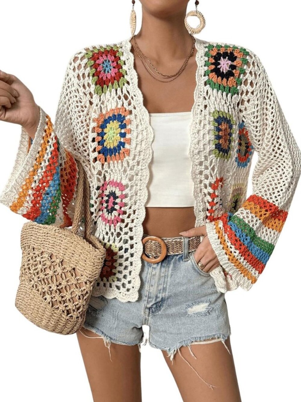Womens Floral Crochet Cardigan Sweaters Hollow Out Lightweight Jackets